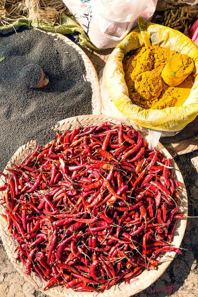 Red chili, black pepper and turmeric at local market